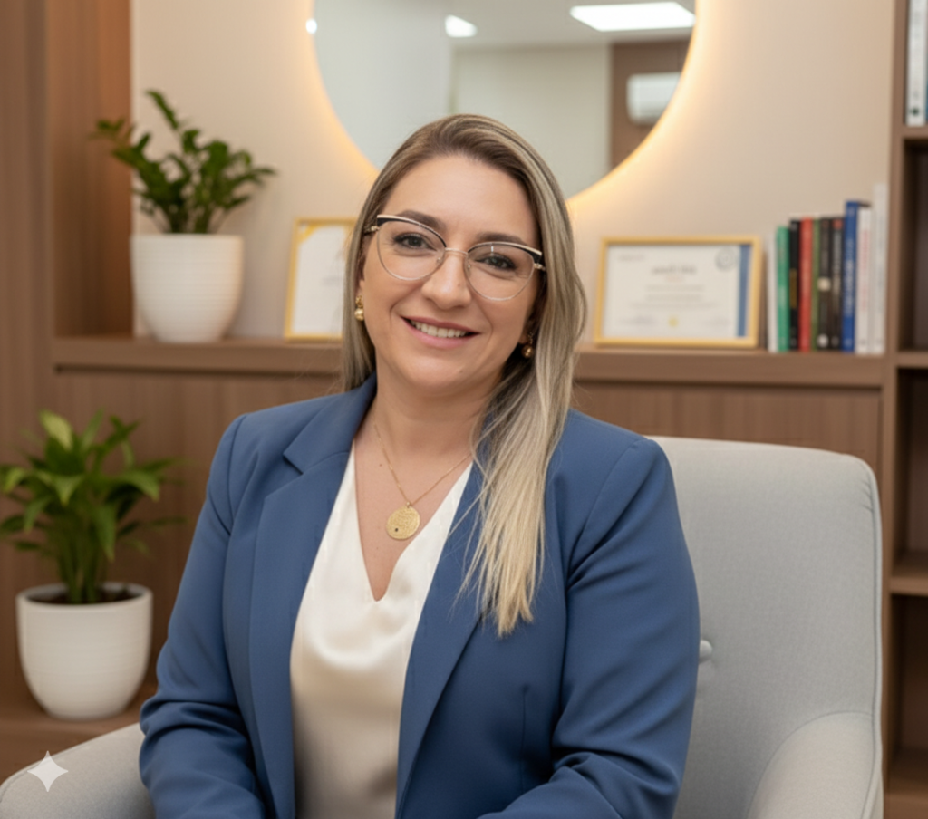 Alessandra Miranda, mulher de óculos e de blazer azul.Terapia de Reprocessamento