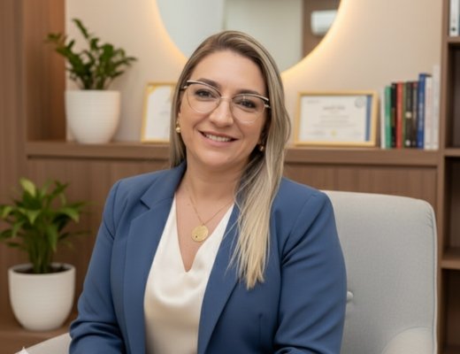 Foto da Alessandra, uma mulher sorrindo de óculos e blazer azul, em seu escritório.